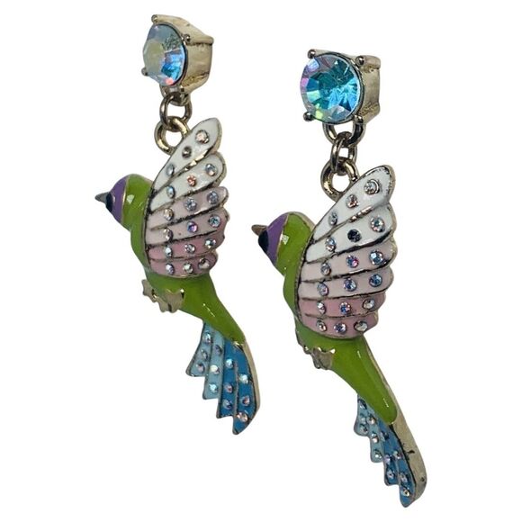 Betsey Johnson Hummingbird Dangle Earrings 2" Crystal Green Spring Ahead - Picture 6 of 11